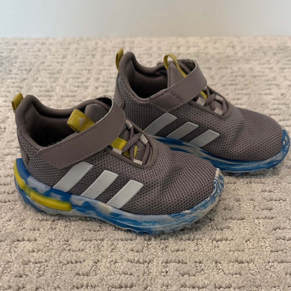 adidas Kids Gray Sneakers with Yellow & Blue Accents